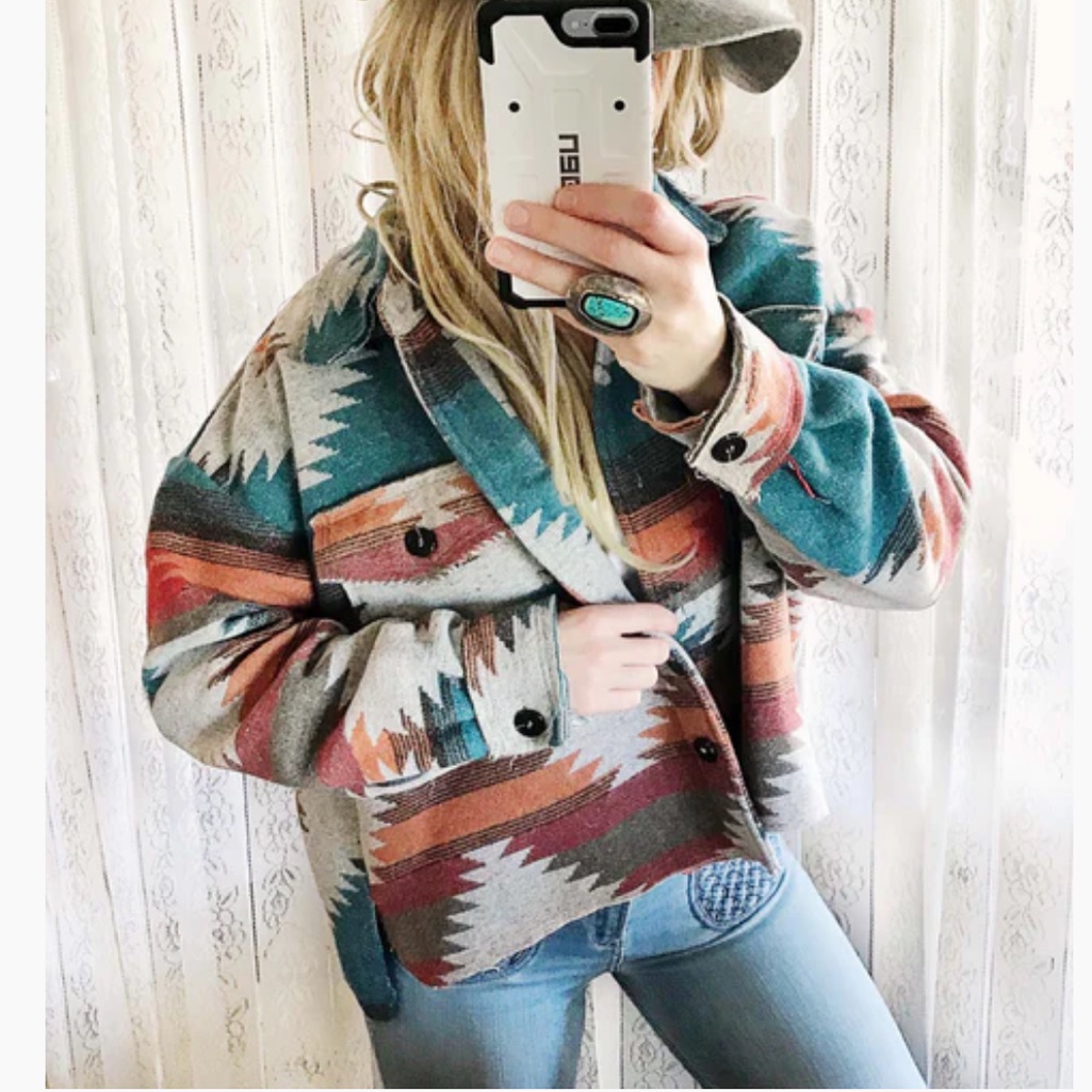 Womens Aztec Shacket Jacket Loose Vintage Boho Wool Blend Coat Button Down Shirt